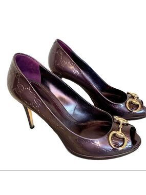 Gucci Purple Patent Leather Guccissima Horsebit Open Peep Toe Pump Heels Sz 38